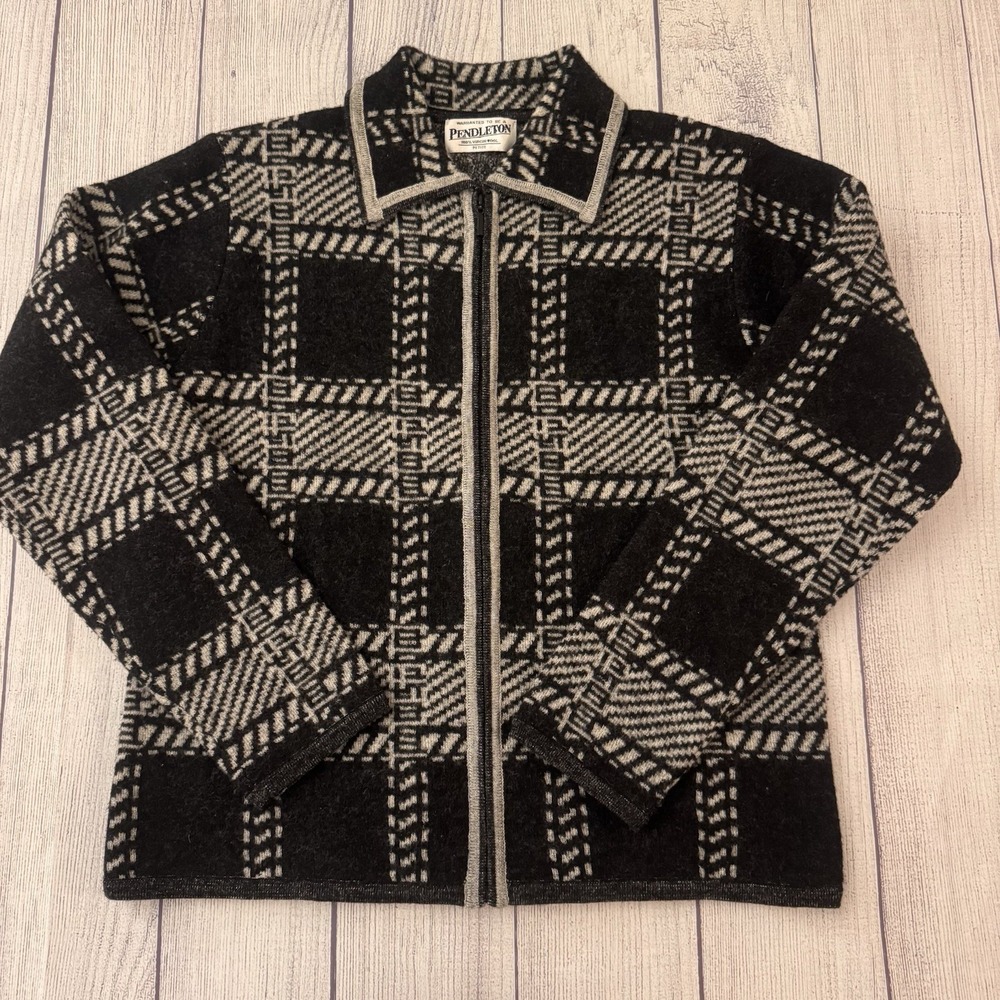 Pendleton Merino Wool Zip-Up Cardigan Sweater Barn Jacket Sz P Plaid Blanket